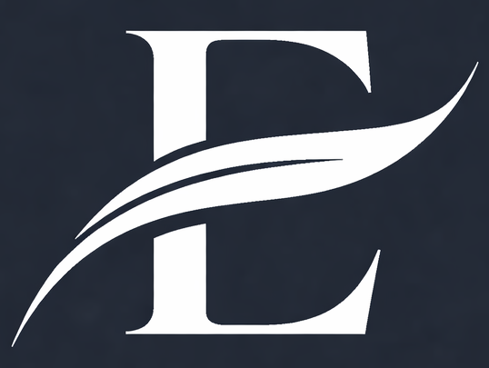 White letter 'E' logo on a dark blue background
